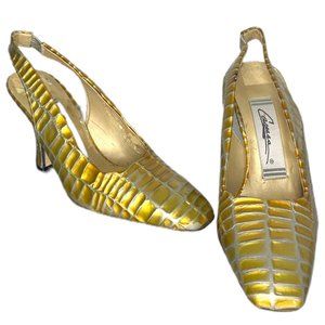 Vintage 90s Caressa Metallic Yellow Crocodile Skin Square Toe Slingback Heels 6